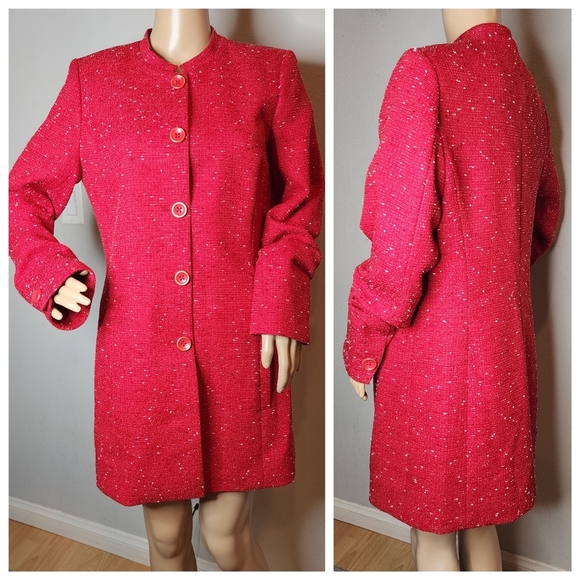 Mary Kay Red Tweed Button Jacket Long Blazer Mock Neck Size Medium Tall - Picture 15 of 16